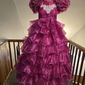 Vintage Fuchsia Pink Ruffled Pageant Dress with Puff Sleeves Size 12 Little Girl